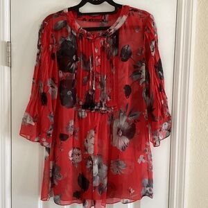 Elie Tahari 100% Silk Chiffon Pin-Tuck Pleated Blouse Top Tunic Red Black Floral
